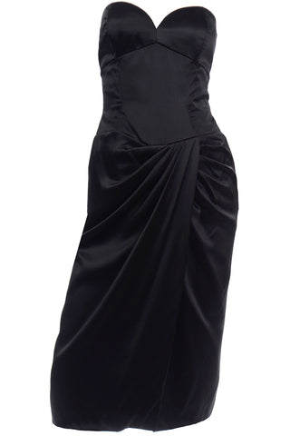 1980s Vicky Tiel Vintage Black Satin Strapless Evening Dress