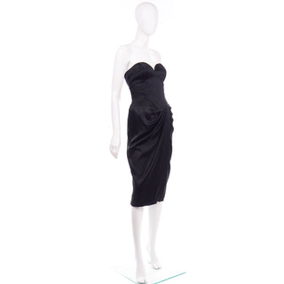 1980s Vicky Tiel Vintage Black Satin Strapless Sweetheart Evening Dress
