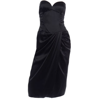 1980s Vicky Tiel Vintage Black Satin Strapless Evening Dress dramatic silhouette