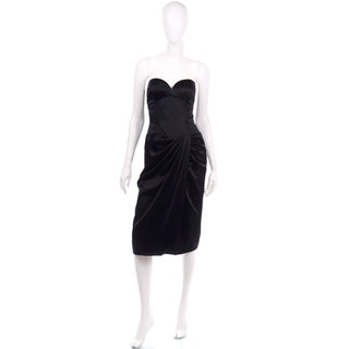 1980s Vicky Tiel Vintage Black Satin Strapless Evening Dress Little Black Dress