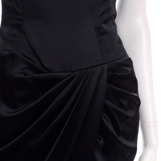 1980s Vicky Tiel Vintage Black Satin Strapless Evening Dress dramatic draping