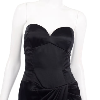 1980s Vicky Tiel Vintage Black Satin Strapless Evening Dress plunging sweetheart neckline