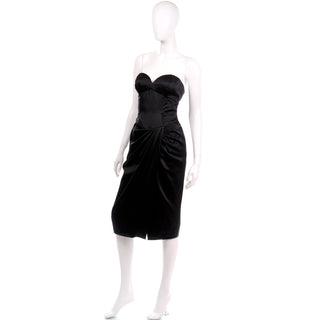 1980s Vicky Tiel Vintage Black Satin Strapless Evening Dress draping