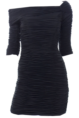 1980s Victor Costa One Shoulder Ruched Black Bodycon Vintage Evening Dress