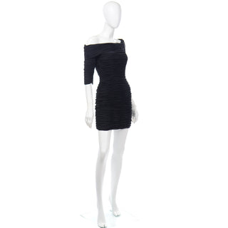 80s Victor Costa One Shoulder Ruched Black Bodycon Vintage Evening Dress