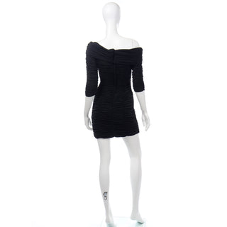 1980s Victor Costa One Shoulder Ruched Black Bodycon Vintage Evening Dress S