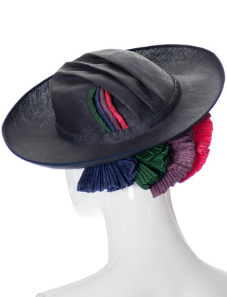 G Howard Hodge Blue straw vintage mid century hat with colorful details - Dressing Vintage