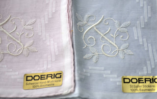 2 Vintage Monogrammed F Handkerchiefs Doerig New with Tags - Dressing Vintage