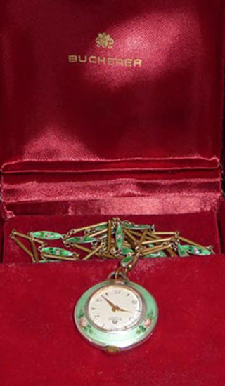 Bucherer Rare Vintage 17 Jewels Enamel Watch Pendant Necklace in Original Box - Dressing Vintage