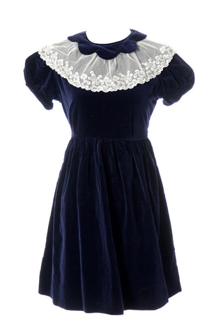 Adorable 1950s Vintage Blue Velvet Celeste Girl's Dress with Lace Collar - Dressing Vintage
