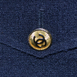 1970s or 1980s Navy Blue Wool Vintage Chanel Boutique Skirt Suit Gold Logo CC Buttons