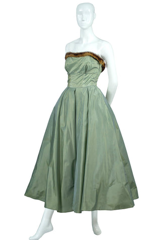 2 Pc 1950s Sage Green Doop's Vintage Dress with Mink Trim - Dressing Vintage