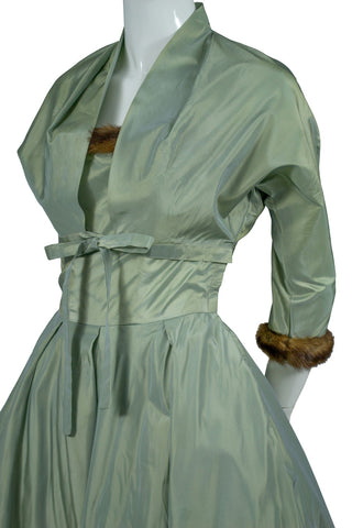 2 Pc 1950s Sage Green Doop's Vintage Dress with Mink Trim - Dressing Vintage