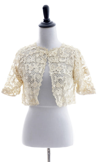 Fine Crochet Creamy Ivory Lace Cropped Vintage Jacket - Dressing Vintage