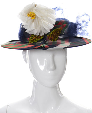 New York Creations Nicholas Ungar vintage plaid boater hat with flower and netting NEW with tags - Dressing Vintage