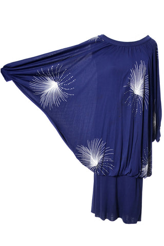 Hand Painted Blue Rayon Batwing Vintage Dress France - Dressing Vintage