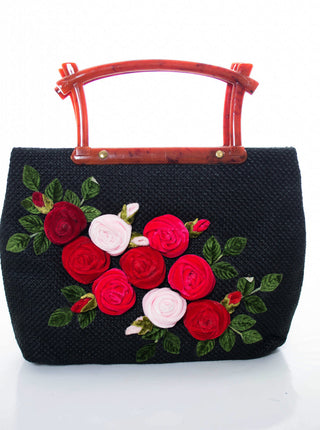 Vintage handbag with velvet applique roses and lucite handle - Dressing Vintage