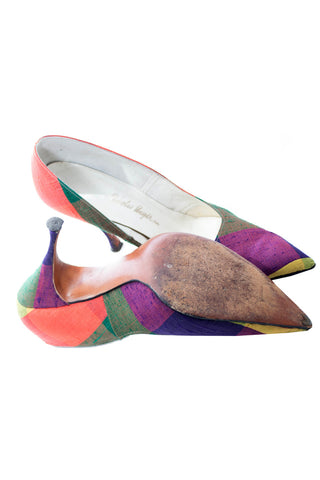 Fontana Rome raw silk madras plaid mid century shoes 7N - Dressing Vintage