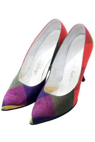 Fontana Rome raw silk madras plaid mid century shoes 7N - Dressing Vintage