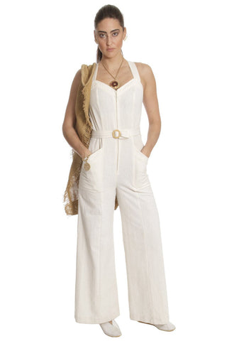 1970's Vintage White Linen Jumpsuit w/ Pockets