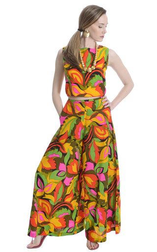 1960's Vintage Palazzo Pants and Crop Top with Tropical Floral Print - Dressing Vintage