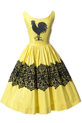 Birds and Rooster Yellow Novelty Print Vintage Dress - Dressing Vintage