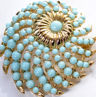 2 Crown Trifari Faux Turquoise and White Vintage 1950's Brooches - Dressing Vintage
