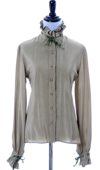 Green silk vintage Valentino designer blouse with velvet trim - Dressing Vintage