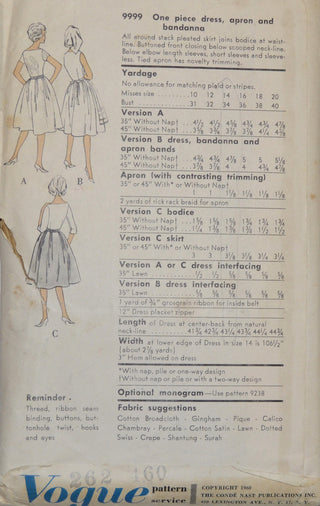 1950s Vogue 9999 Vintage Dress Apron and Kerchief Pattern 34B SOLD - Dressing Vintage