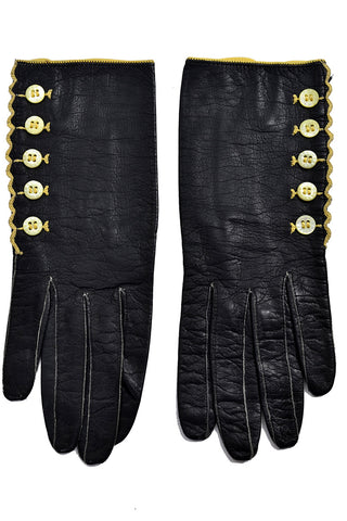 Black Leather Vintage Gloves Shell Buttons