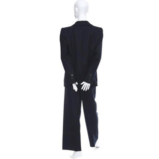 Back view of the late 1980's or early 1990's YSL Rive Gauche navy blue pinstripe wool and cashmere suit