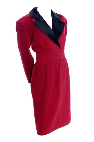 Yves Saint Laurent red wool dress with black satin trim