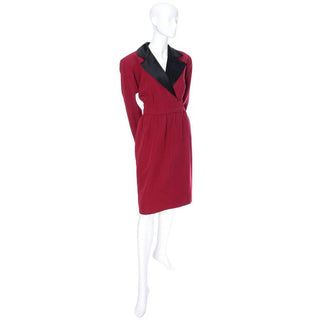 1980's YSL Rive Gauche red wool knee length dress with long sleeves and black satin lapels