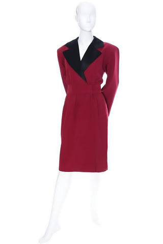 1980's vintage Yves Saint Laurent Rive Gauche red wool dress with black satin trim