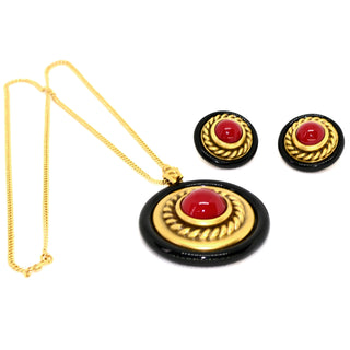 1980s Yves Saint Laurent YSL vintage Pendant Necklace & Earrings Red Gold & Black
