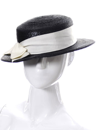 1970s Vintage Yves Saint Laurent Black Straw Boater Hat with Ribbon SOLD - Dressing Vintage