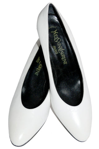 1980's Yves Saint Laurent White Leather Shoes With Black Heels